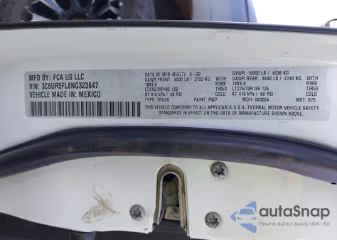 2022 Ram 2500 Laramie 4X4 6'4 Box z USA, uszkodzony, nr VIN 3C6UR5FL8NG323647